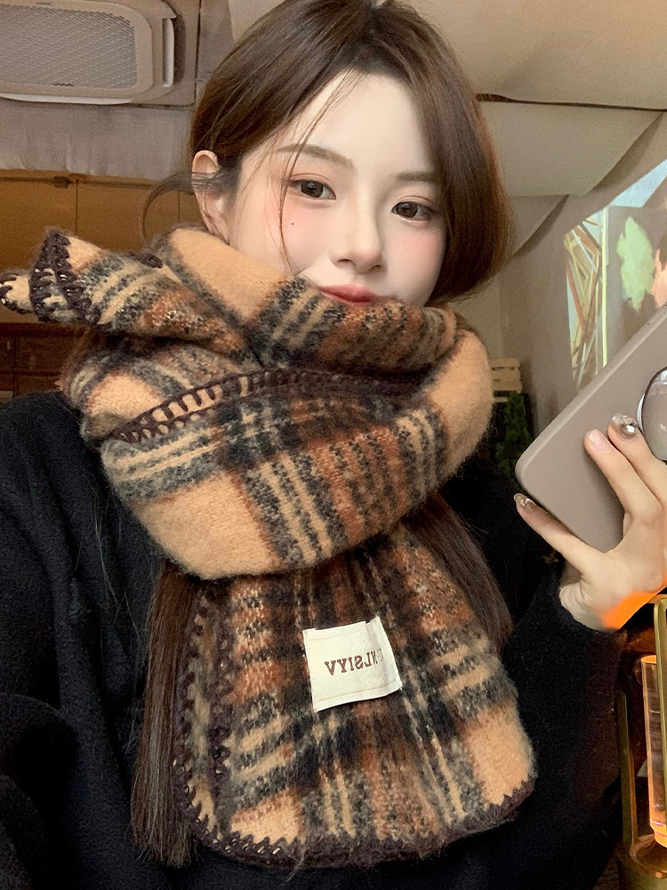 Cashmere Scarf - Brown Plaid Scarf Unisex Winter Warm